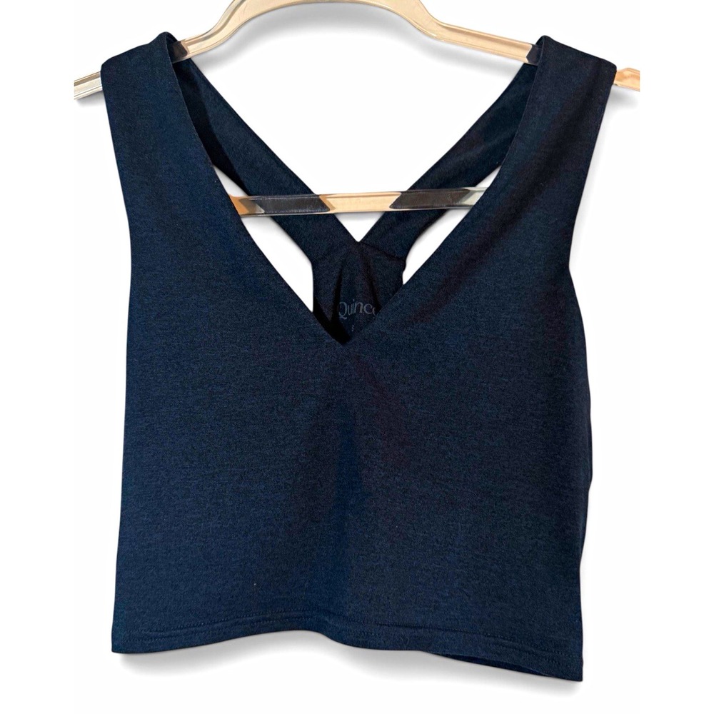 Quince Blue/Gray V-Neck Stretch Knit Cotton Crop Tank Top Sleeveless S Active